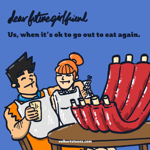 A couple that looks like Fred and Wilma Flintstone enjoy a large rack of ribs.