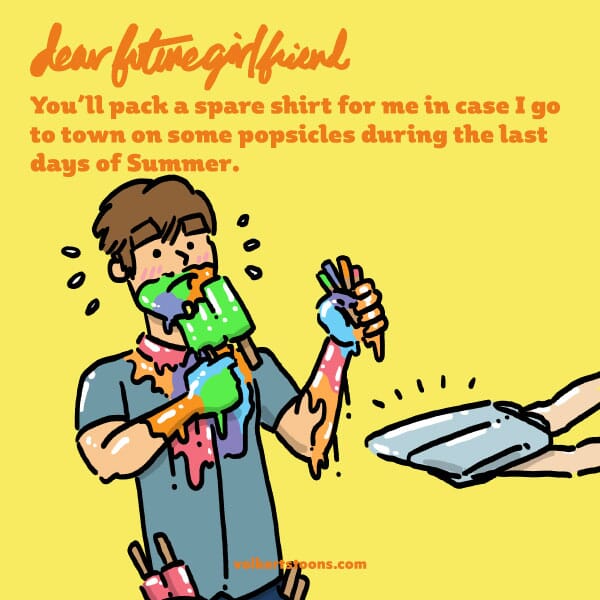 A man goes to town on a pack of popsicles, with the juice all over his face, arms and shirt.