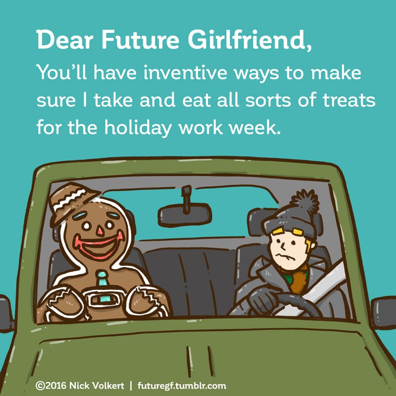 A gingerbread man rides shotgun to a man on his daily commute.