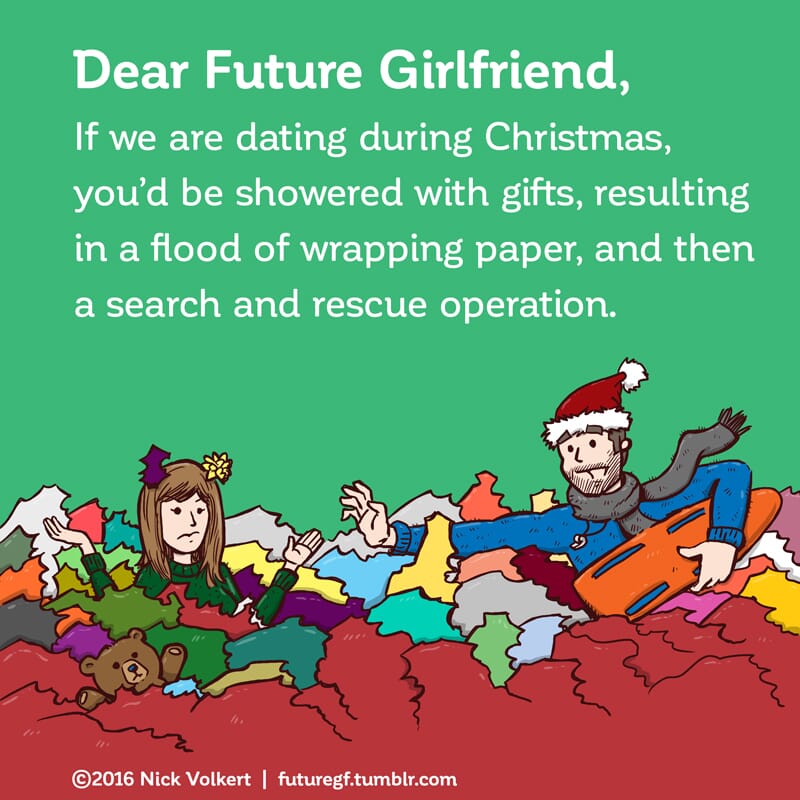 A woman is adrift in a sea of opened wrapping paper.