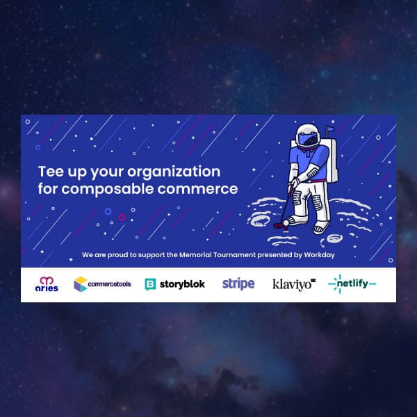 An ad for Aries Solutions composable commerce with an astronaut dressed as a golfer.