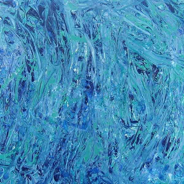 An abstract painting on board with rich shades of green and blue, capturing the choppy seas of and clear waters.