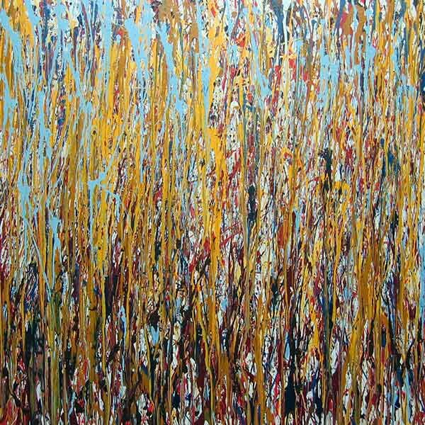 A large square abstract work with fun primary colors of light blue, yellow and red, mixing together vertically to bleed together at the bottom of the work.