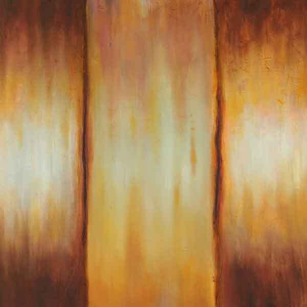 A piece with three sections, emulating a side of a train boxcar, that has dark browns on the top and bottoms with greens and oranges in the interior of the piece.