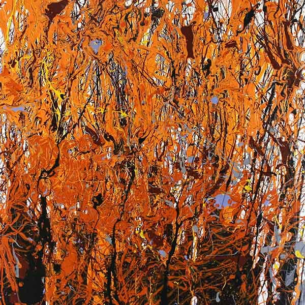 A chaotic work of orange, yellow, and black paint frantically mixes on the board as a representation of a moment of zen when in the shower after a long day.