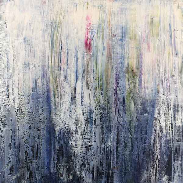 An abstract art piece made with oil paint on a board with an icy blue to white fade with a few hints of red in the composition.