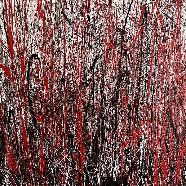 A square-shaped painting on canvas with red, black, and white with latexy acrylic paint as the medium.