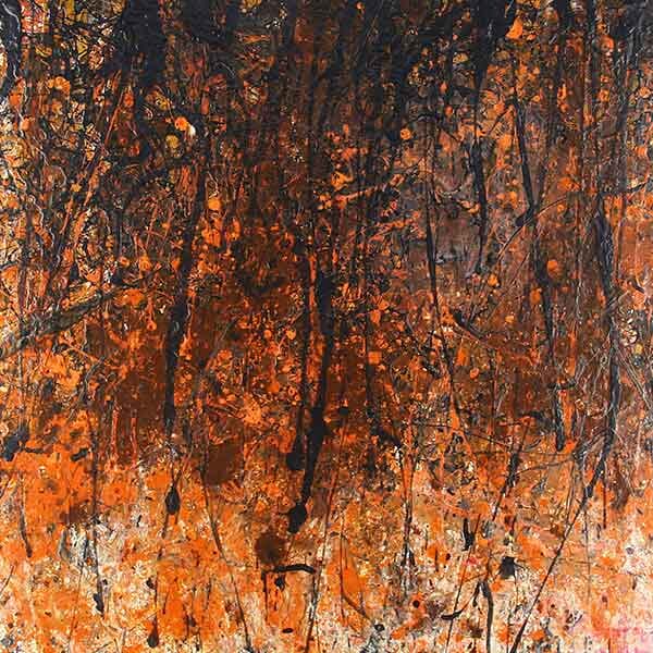 Dominant shades of black on top of shades of orange using latex acrylic on a square board.