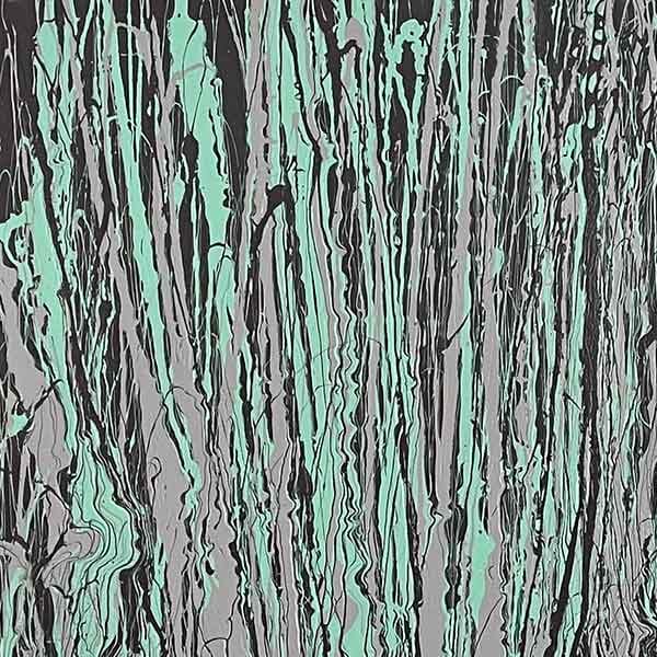 A vertical splatter abstract work on canvas with light gray, mint green, and a dark brown almost black colo scheme.