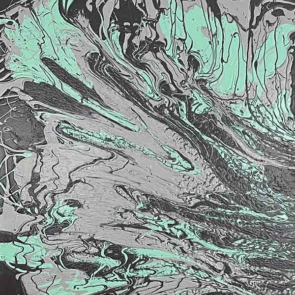 A vertical swirling abstract work on canvas with light gray, mint green, and a dark brown almost black colo scheme.