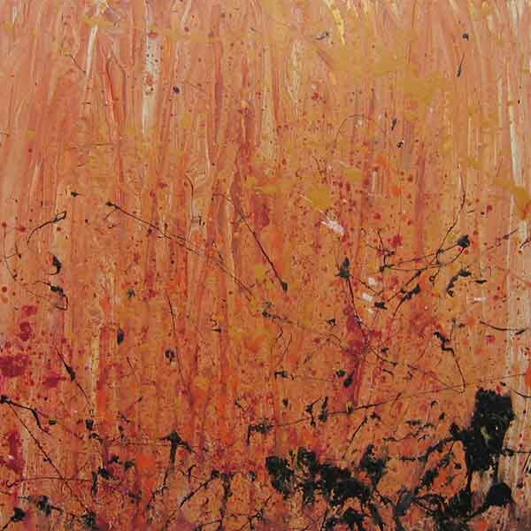 A square abstract painting with an iridescent, pearl-like finish with splatters of black and red.