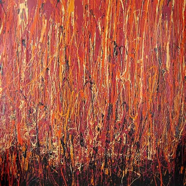 A large square abstract work wit deep reds, black, orange and touches of light orange in tribute to my favorite band, Van Halen.
