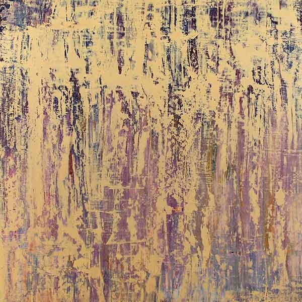 An abstract art piece made with oil paint that has a sandy flesh-tone color covering a reddish and purple base color.