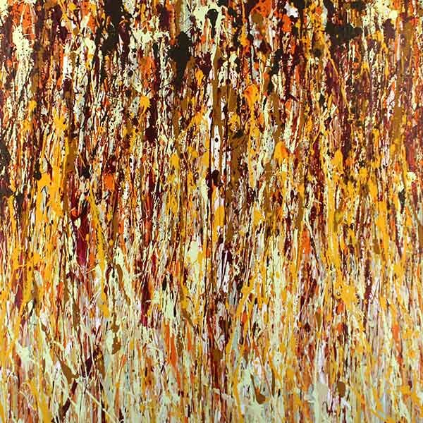 A vibrant work with ornages, browns and greens with tight vertical splatter marks on the work building a field of colors on a square canvas, painted with latex acrylic paint.