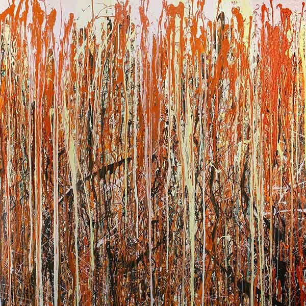 An abstract painting on a square board with rich shades of orange with hints of blue and black.
