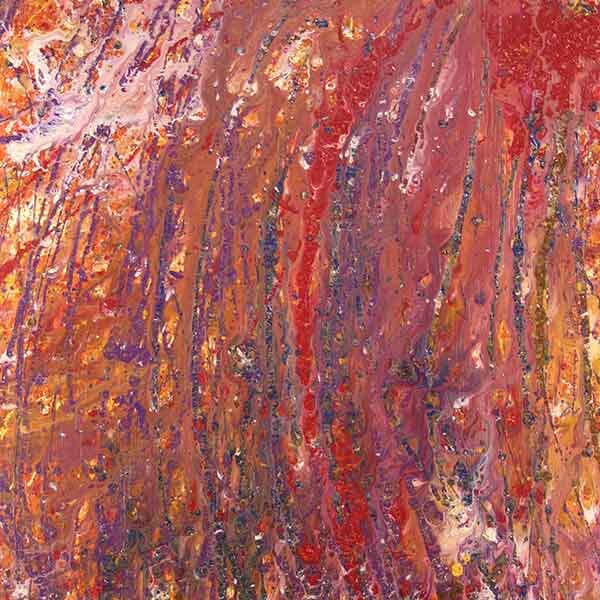 An abstract piece on a square board with a rich purple red base with hints of purple, orange and white.