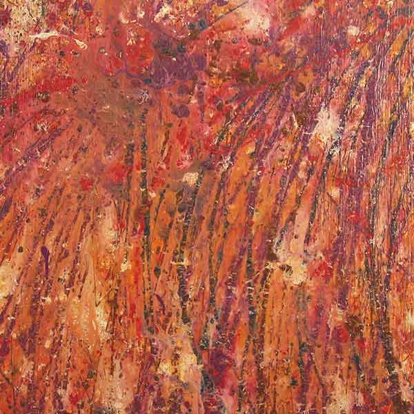An abstract piece on a square board with a rich purple red base with hints of purple, orange and white.