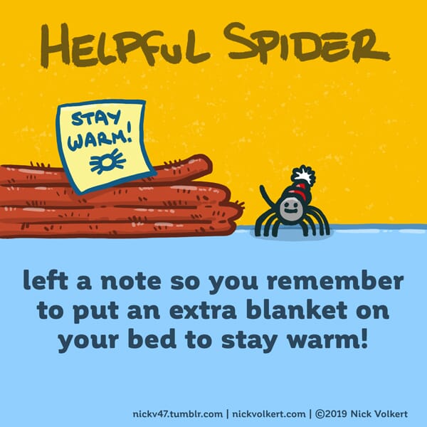 Helpful Spider leaves a yellow note on a stack of blankets.