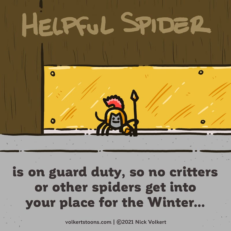 Helpful Spider is guarding a front door dressed as a Spartan!