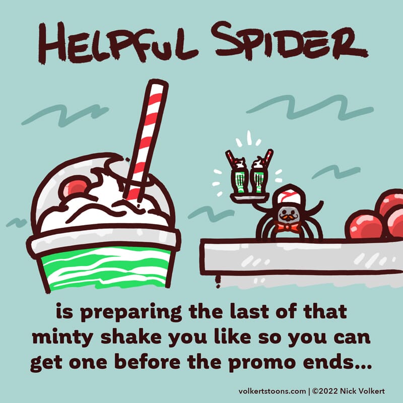 Helpful Spider is holding a tray of two spider-sized shamrock shakes by a human sized shamrock shake!