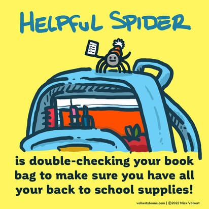 Helpful Spider is on top of a totebag with a checklist making sure all the back to school supplies are in there!