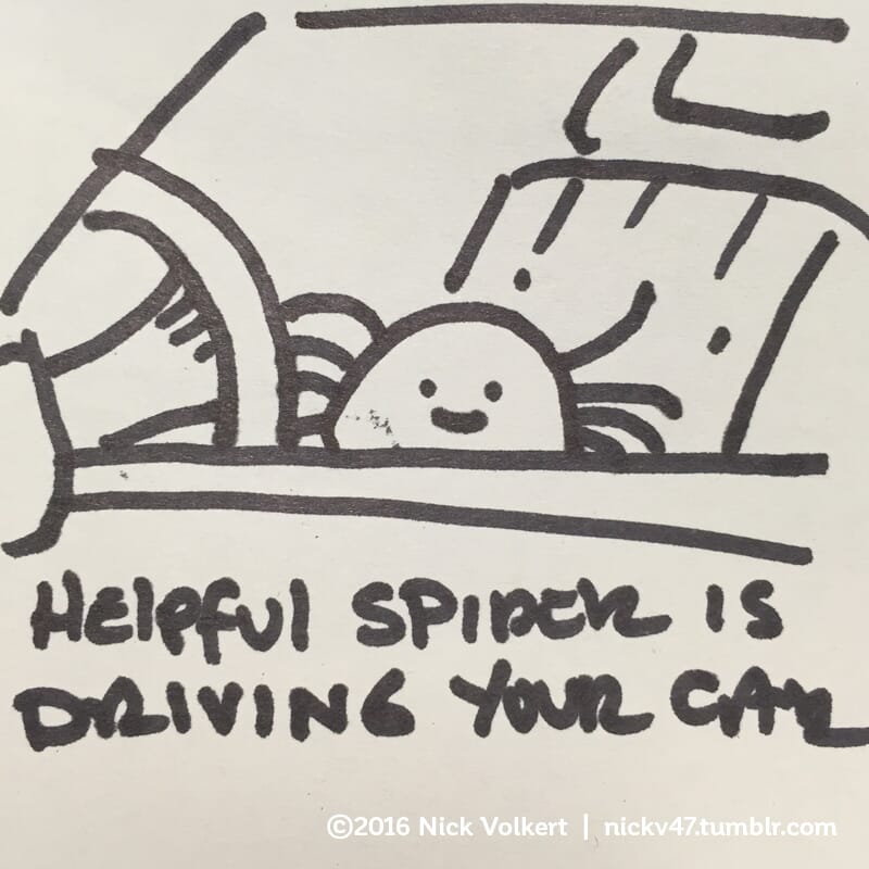 Helpful Spider is driving a car.