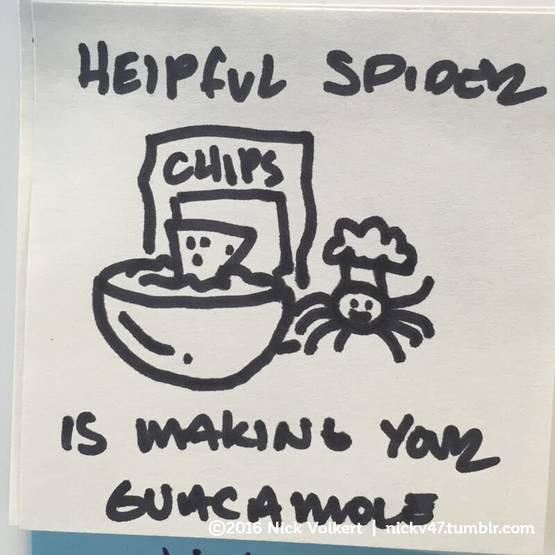 Helpful Spider celebrating a bowl of guacamole he made.