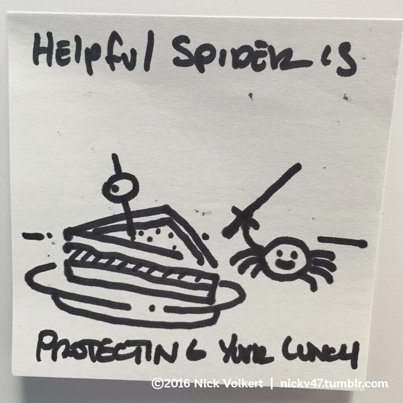 Helpful Spider is defending a sandwich with a sword.