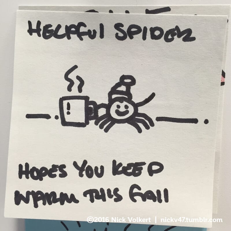 Helpful Spider is holding a mug while wearing a stocking cap and waving.