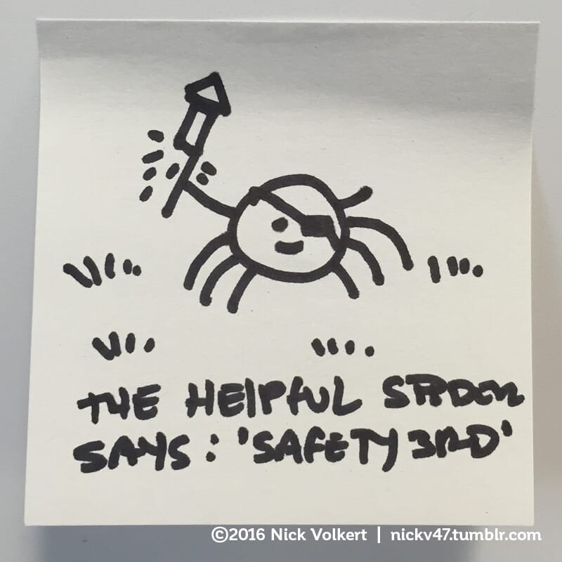 Helpful Spider is holding a bottle rocket while sporting an eyepatch.