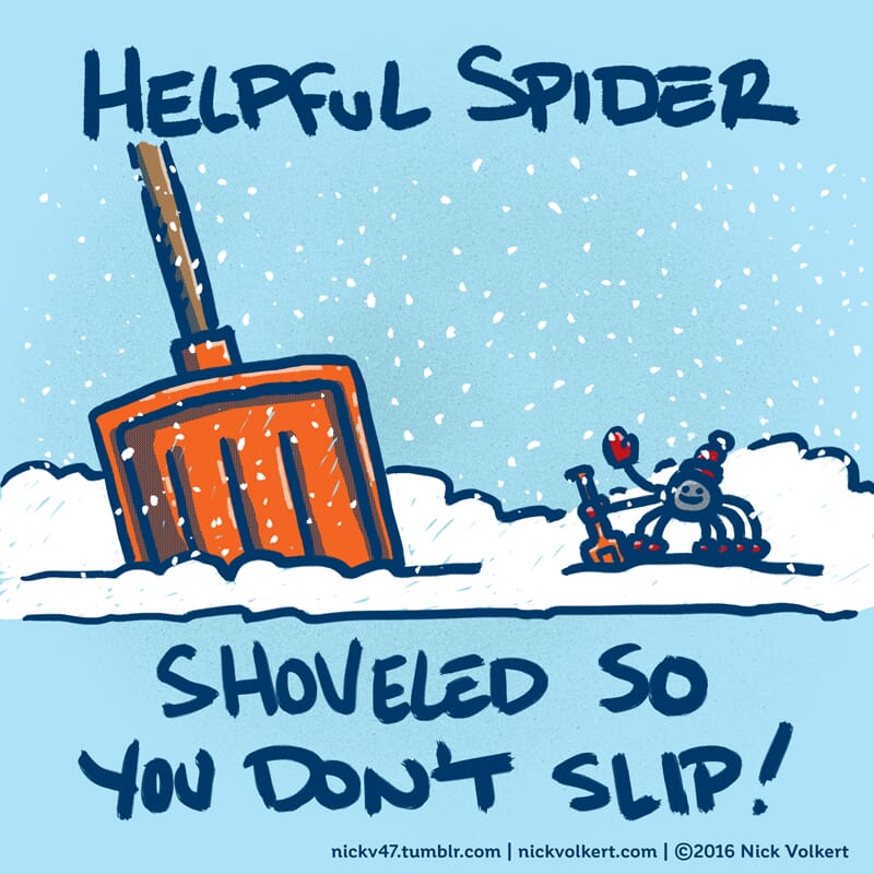 Helpful Spider is shoveling a sidewalk.