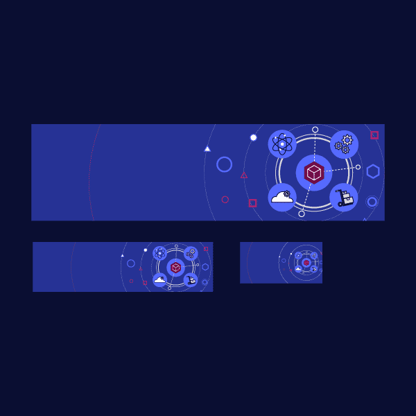 A hero image design with four different services orbiting around a circle to convey outer space and technology.