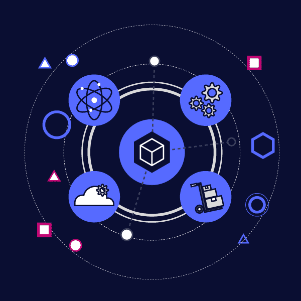 A group of service related icons orbit a cube on a dark navy background for Aries Solutions.