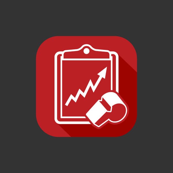 An app icon with a coaches whistle and a clipboard with a chart projecting upward to convey being coached with upward gaining results.