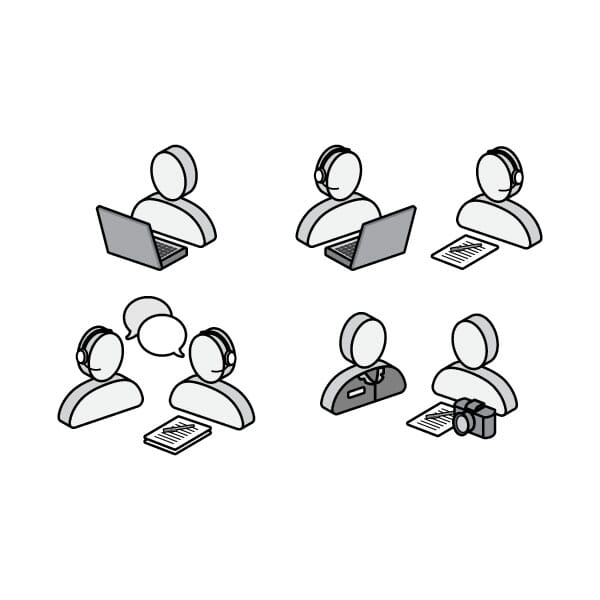 Customer service and research related icons with illustrated representations of the two parties communicating with each other.