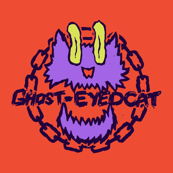 Ghost-Eyed Cat demon cat logo with a chain link marquee on a solid orange background.,Ghost-Eyed Cat demon cat logo on a dark background in full color and single color options,Hand drawn and spooky Ghost-Eyed Cat logo text on a dark background with single-color and outline options.