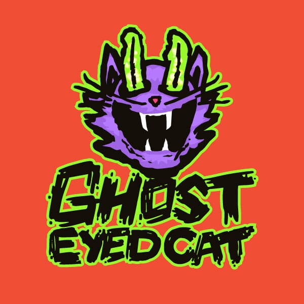 Ghost-Eyed Cat primary stacked logo on brand orange,Ghost-Eyed Cat primary stacked logo on brand green,Ghost-Eyed Cat primary stacked logo on brand purple,Ghost-Eyed Cat primary stacked logos on light and dark,Ghost-Eyed Cat primary logos in black and white,Ghost-Eyed Cat primary inline logos in black and white