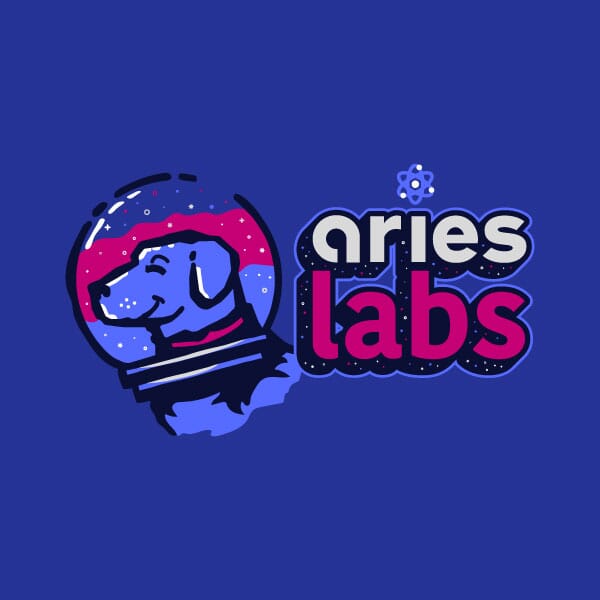Aries Lab logo primary lockup with the space lab and text on a medium royal background.,Stacked locked up with the full lab in a moon suit for Aries Labs.,Different lockups with the lab isolated for Aries Labs.,Hero images for the Aries Labs landing page.,Enlarged astronaut dog for Aries Labs with the dog in a space suit on the moon.,Additional graphics to support the Aries Labs page for the navigation and interior text.