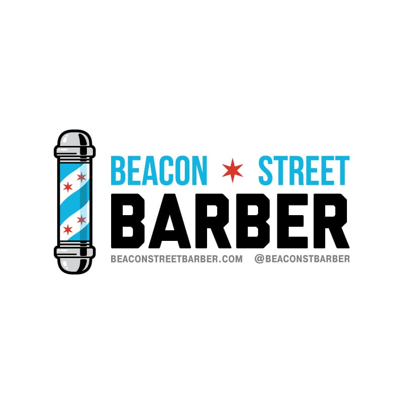 Beacon Street Barber main logo with block type and an illustration of a barber pole on a white background,Beacon Street Barber logo on a black background with reversed type and an outline on the barber pole brand mark,Beacon Street Barber in all white on a black background for use on tees and screen printing,Alternate options for the Beacon Street barber pole brand mark,Initial design options for the Beacon Street Barber pole brand mark