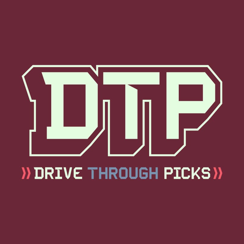 Primary Drive Through Picks text and acronym brand mark on a maroon background.,Alternate stacked type logo on a light green on a solid seagreen background.,DTP acronym logo with stylized text and outline for Drive Thru Picks.,Drive Through Picks custom type inline on a solid maroon background.,Stacked Drive Through Picks type with a custom script for the word drive on a solid white background.,DTP and supporting Drive Through Picks text lockup in maroon on a solid white background.,Isolated stylized DTP acronym mark in black on a white background