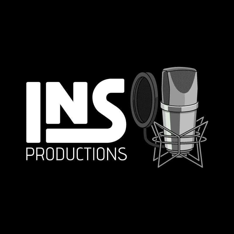 Custom INS type in white on a black background paired with a studio mic in grayscale.,Custom INS type in black on a white background paired with a studio mic in grayscale.,Isolated custom INS type in black on a white background.,Isolated grayscale studio mic that is a part of the INS studio logo.