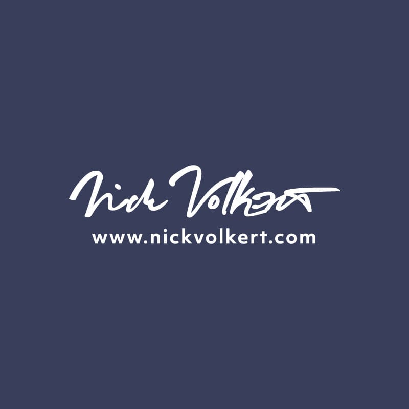 A script logo in white on a light navy blue background for Nick Volkert Dot Com.,A script logo in white on black for Nick Volkert Dot Com.