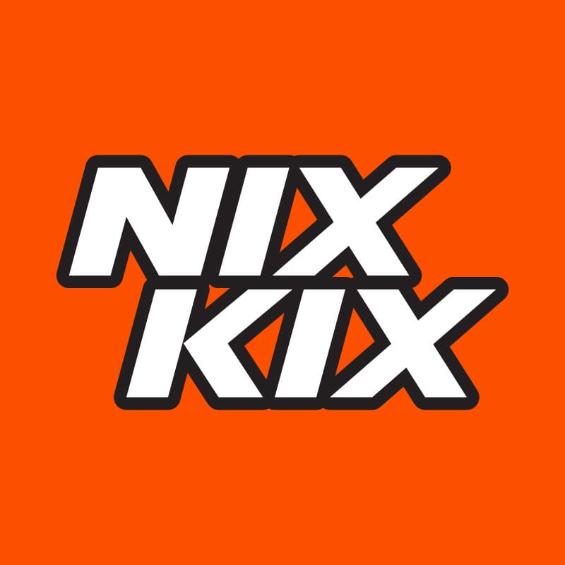 NIXKIX primary logo with different lockups for inline and stacked options on a solid orange background.,White fill and blackoutline option for the NIXKIX logo on a solid brand orange background.,Alternate NIXKIX logo on a solid black background with white text and an orange outline.,NIXKIX alternate logo that is a black outline around the letters on a solid orange background.,NIXKIX outline logo with black outlines on a solid black background.,NNIXKIX outline logo with black outlines on a solid white background.,NIXKIX logo over a photo of some footballs lined up on a grass field.