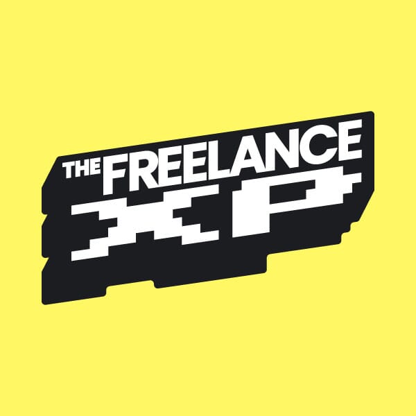 Freelance XP primary logo on a bright yellow background.,Freelance XP alternate logo with badges on a black background,Freelance XP logo with a single color black alternate on a white background,,Freelance XP logo and badges grouping as a repeating pattern on a black background,Freelance XP primary logo and badge on a bright yellow background