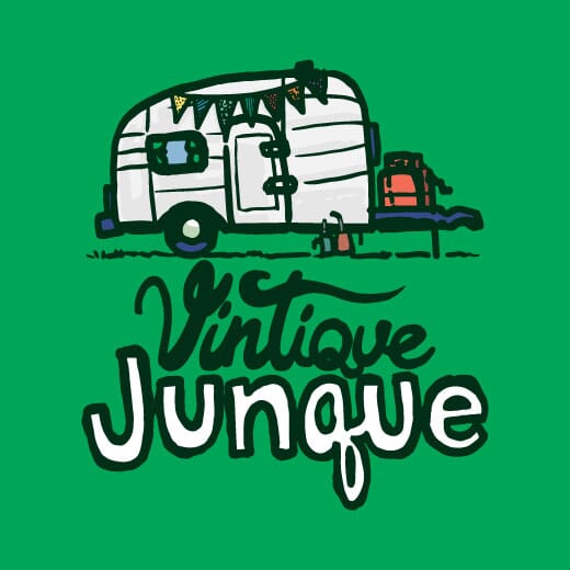 Primary Vintique Junque logo on a solid kelley green background, the brand's primary color.,Vintique Junque logo with an stacked grouping with inline text alternate.,Vintique Junque logo on a light background alternate logo.,Stacked logo with inline text on a light background alternate for the Vintique Junque logo.,Completely inline logo options for the Vintique Junque brand with the streamline trailer brand mark.,Completely inline logo options for the Vintique Junque brand with the streamline trailer brand mark on a light background.,Vintique Junque logo with dark background and outline.,Vintique Junque stacked logo with green text.
