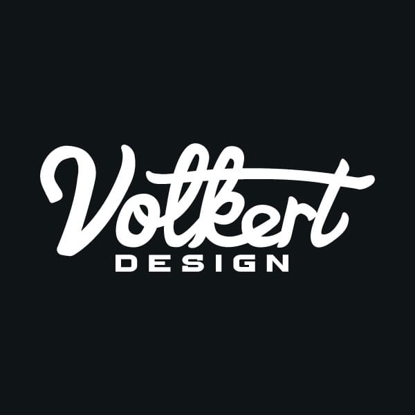 Primary Volkert Design logo with a white script on a solid black background,Primary Volkert Design logo with a white script on a solid red background,Primary Volkert Design logo with a black script on a gray background