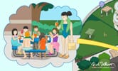 Detail of mom and kids having lunch from Mystic Waters map