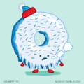 A sprinkle donut with hat, gloves and boots is frozen solid.