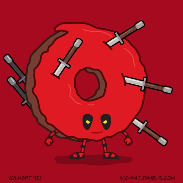 A red and black mercenary donut stuck with swords.