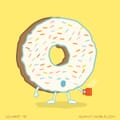 A yawning sprinkle donut yawns while holding coffee during a sunny morning.